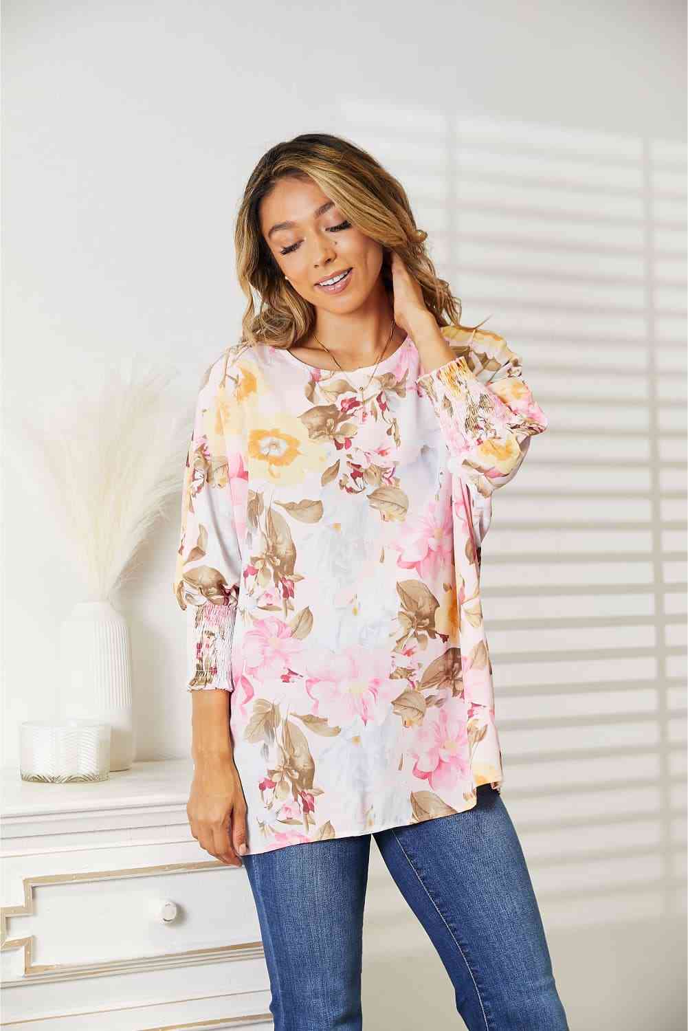 Double Take Floral Round Neck Three-Quarter Sleeve Top Luvéillé