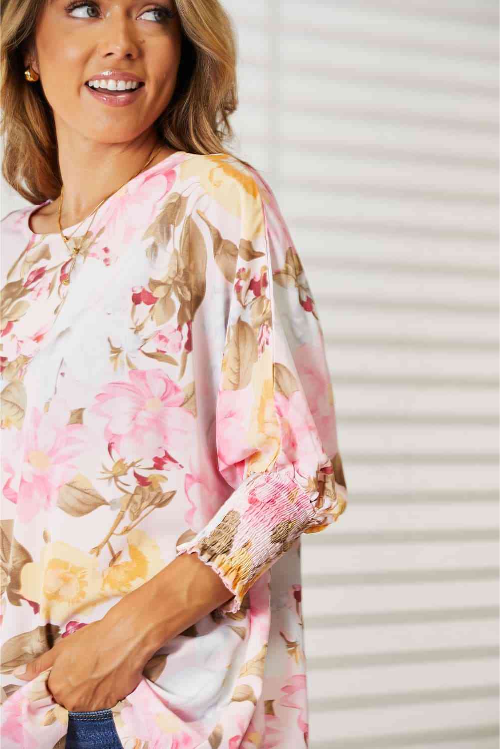 Double Take Floral Round Neck Three-Quarter Sleeve Top Luvéillé