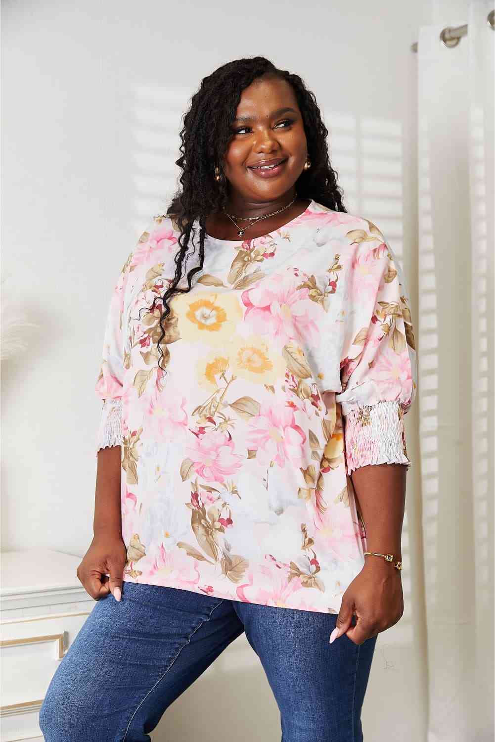 Double Take Floral Round Neck Three-Quarter Sleeve Top Luvéillé
