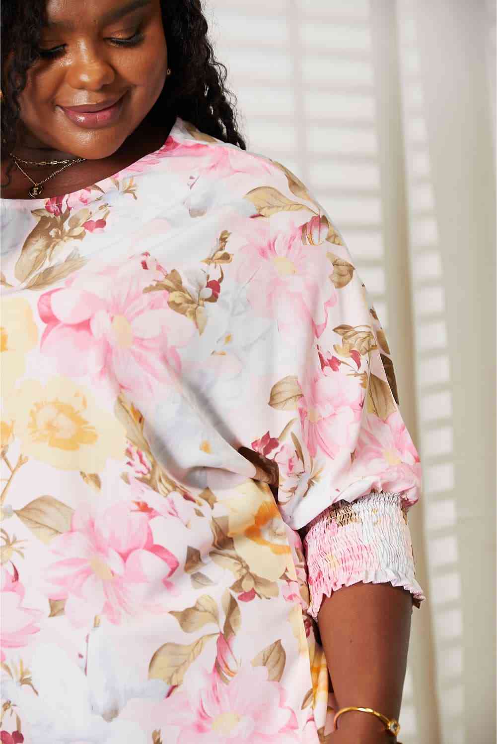 Double Take Floral Round Neck Three-Quarter Sleeve Top Luvéillé
