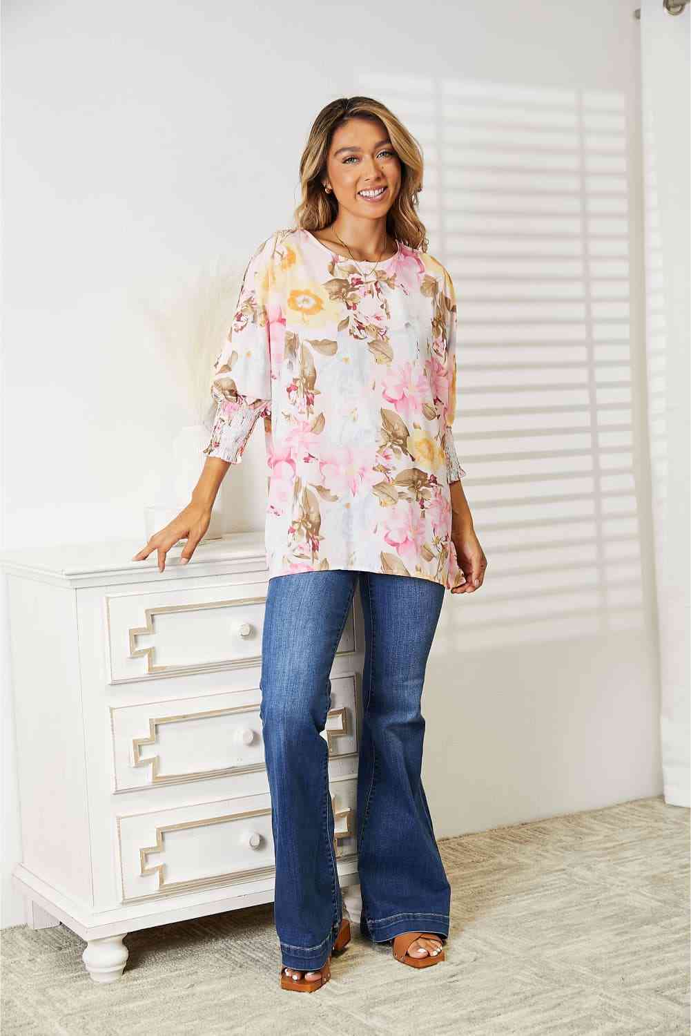 Double Take Floral Round Neck Three-Quarter Sleeve Top Luvéillé