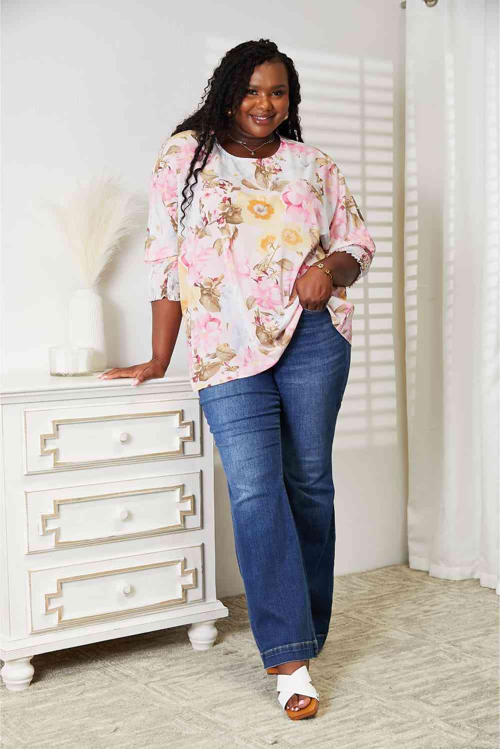 Double Take Floral Round Neck Three-Quarter Sleeve Top Luvéillé