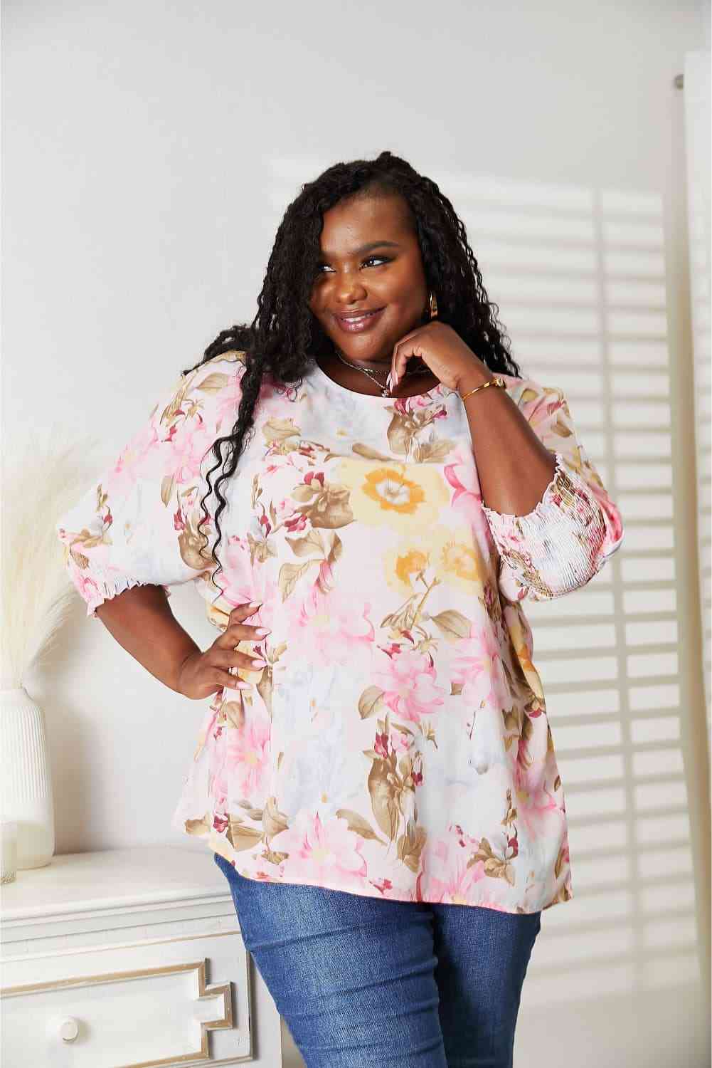 Double Take Floral Round Neck Three-Quarter Sleeve Top Luvéillé