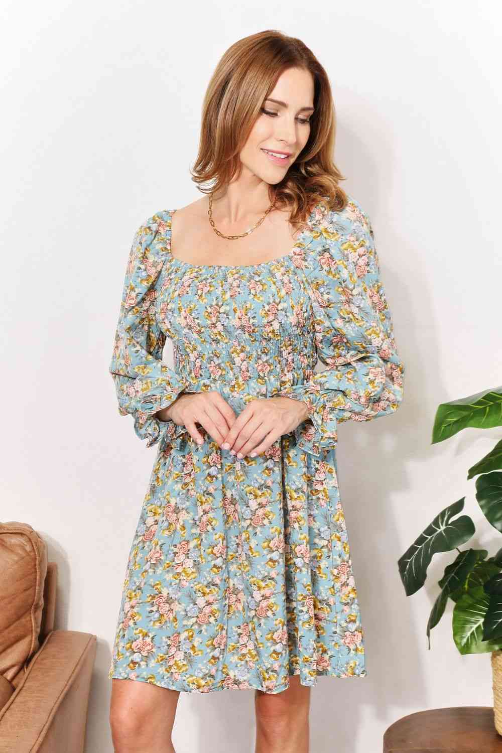 Double Take Floral Smocked Flounce Sleeve Square Neck Dress Luvéillé