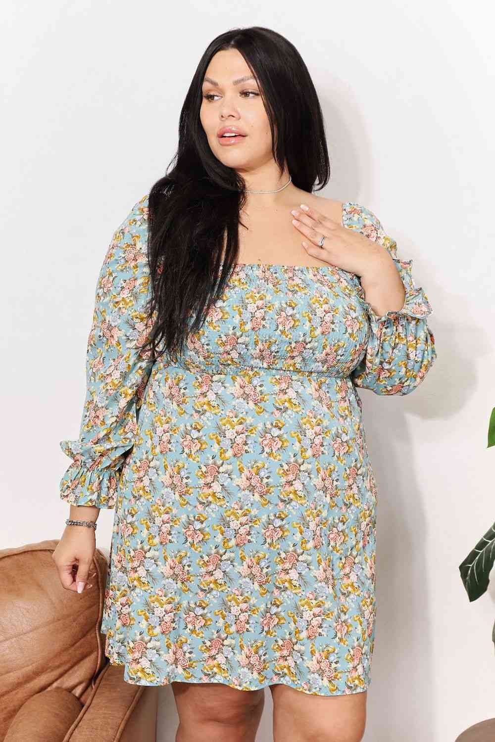 Double Take Floral Smocked Flounce Sleeve Square Neck Dress Luvéillé