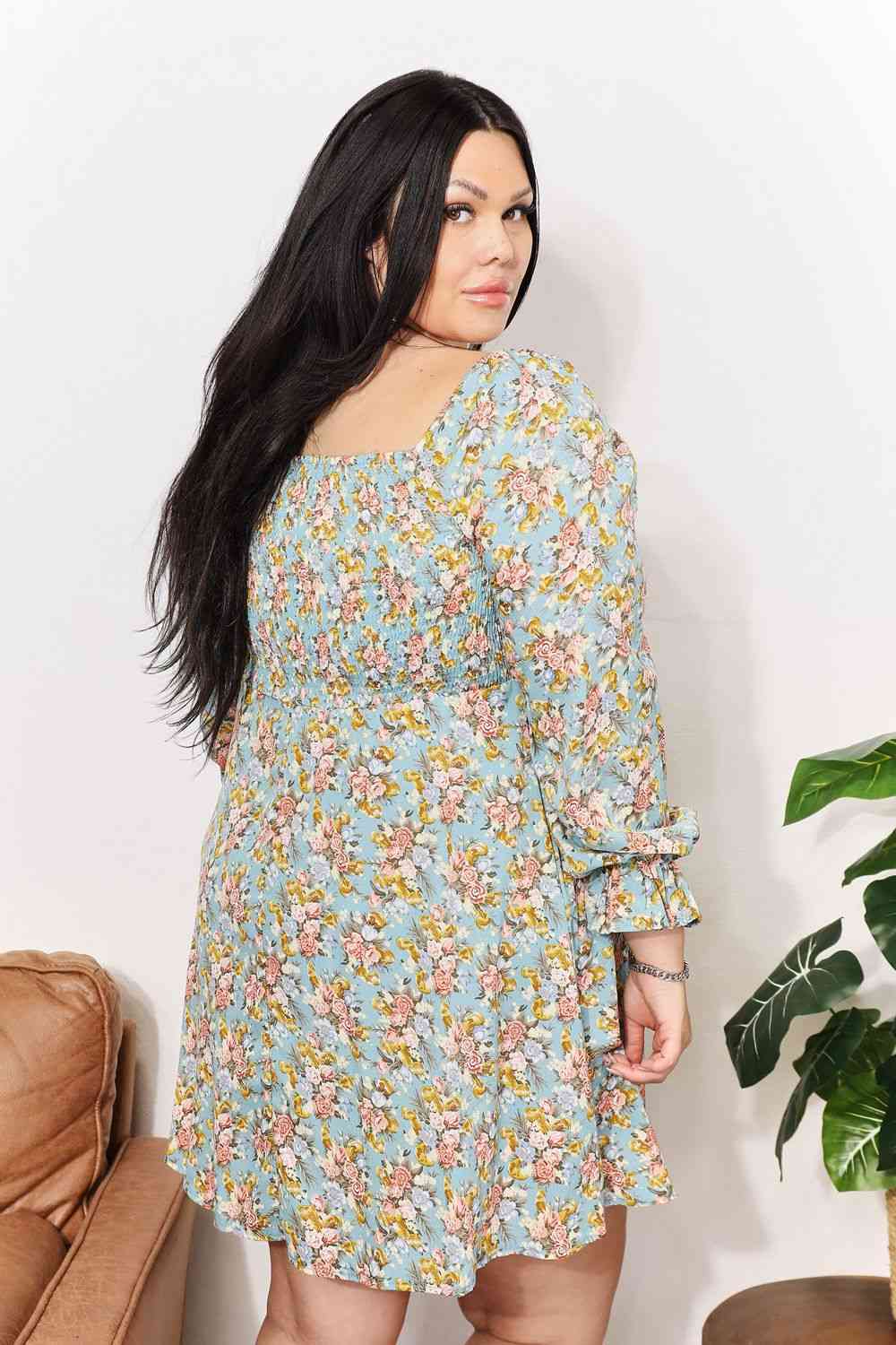 Double Take Floral Smocked Flounce Sleeve Square Neck Dress Luvéillé