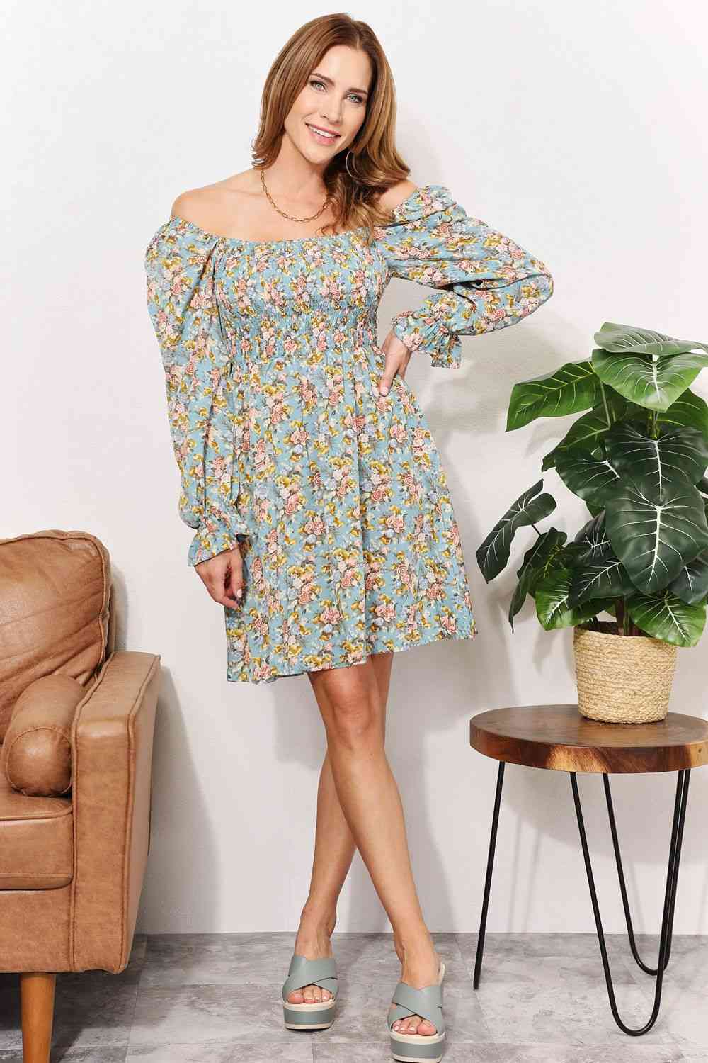 Double Take Floral Smocked Flounce Sleeve Square Neck Dress Luvéillé