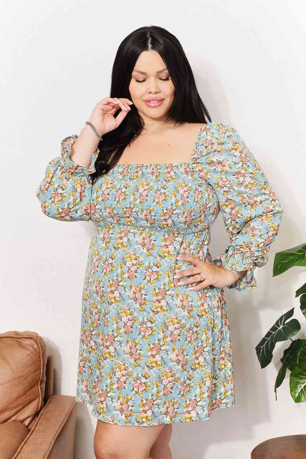 Double Take Floral Smocked Flounce Sleeve Square Neck Dress Luvéillé