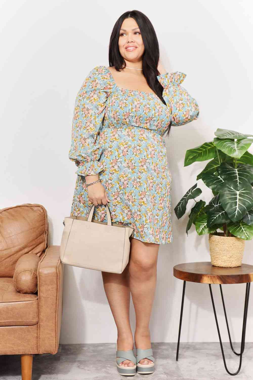 Double Take Floral Smocked Flounce Sleeve Square Neck Dress Luvéillé