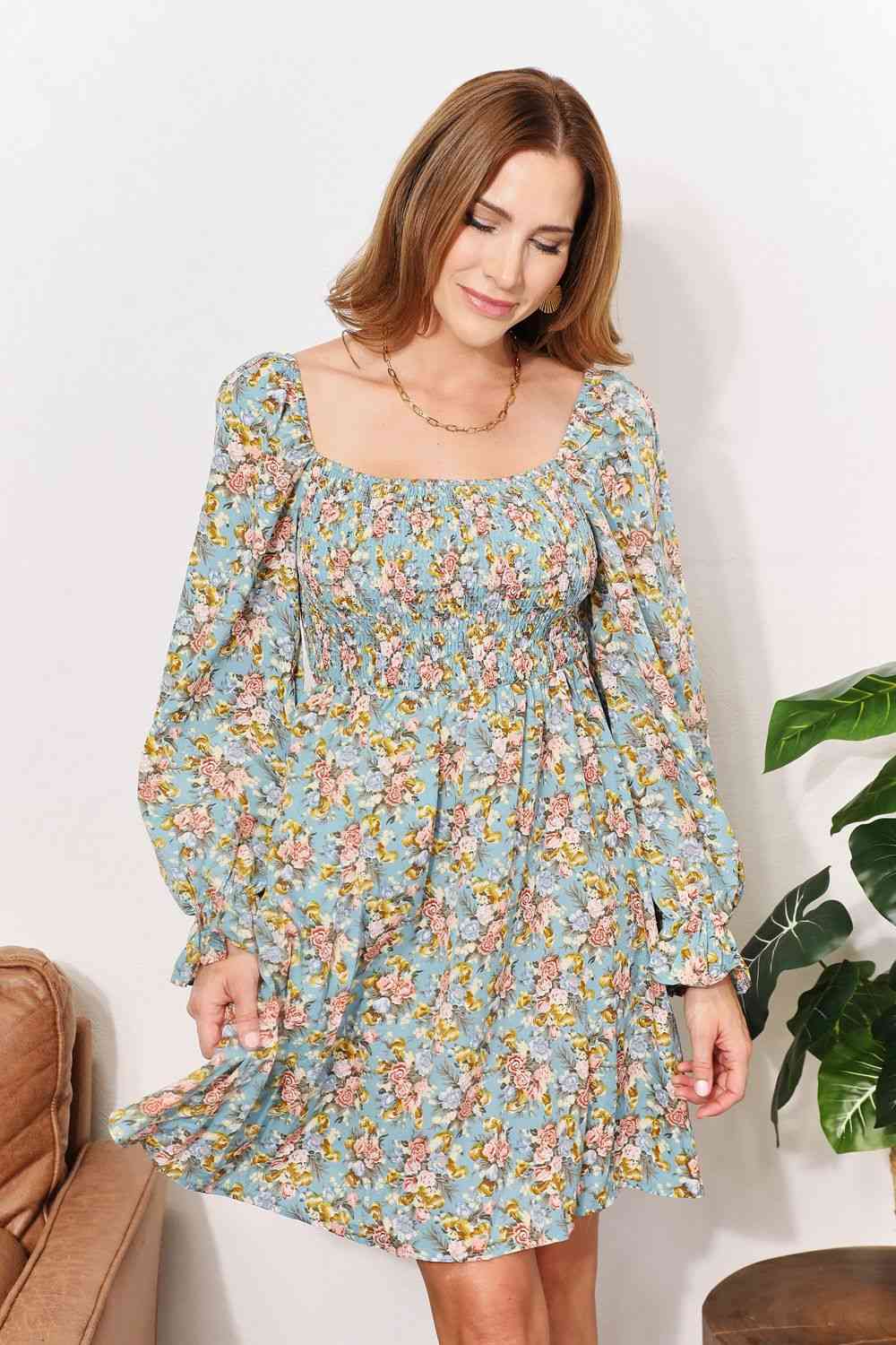 Double Take Floral Smocked Flounce Sleeve Square Neck Dress Luvéillé