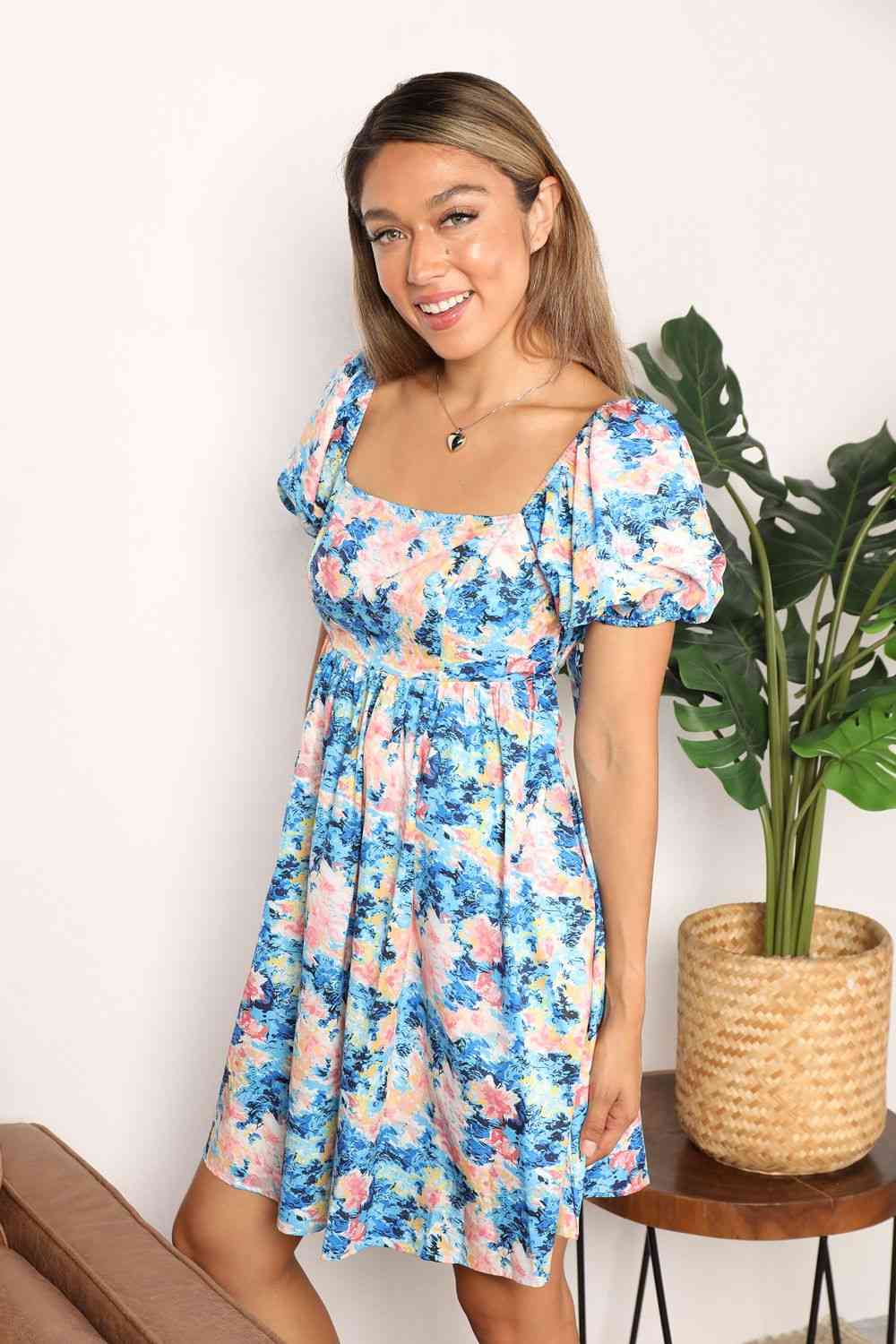 Double Take Floral Square Neck Puff Sleeve Dress Luvéillé