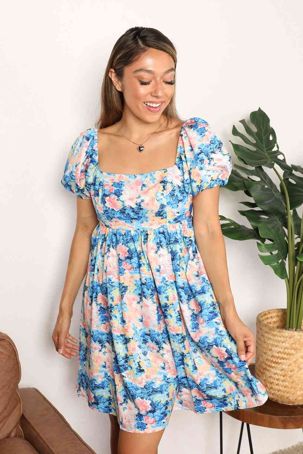Double Take Floral Square Neck Puff Sleeve Dress Luvéillé