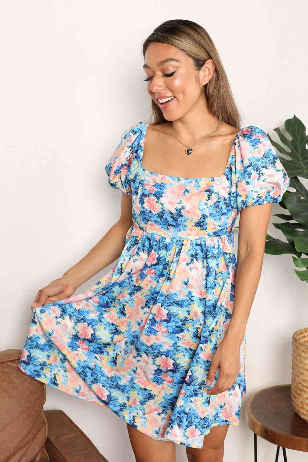 Double Take Floral Square Neck Puff Sleeve Dress Luvéillé