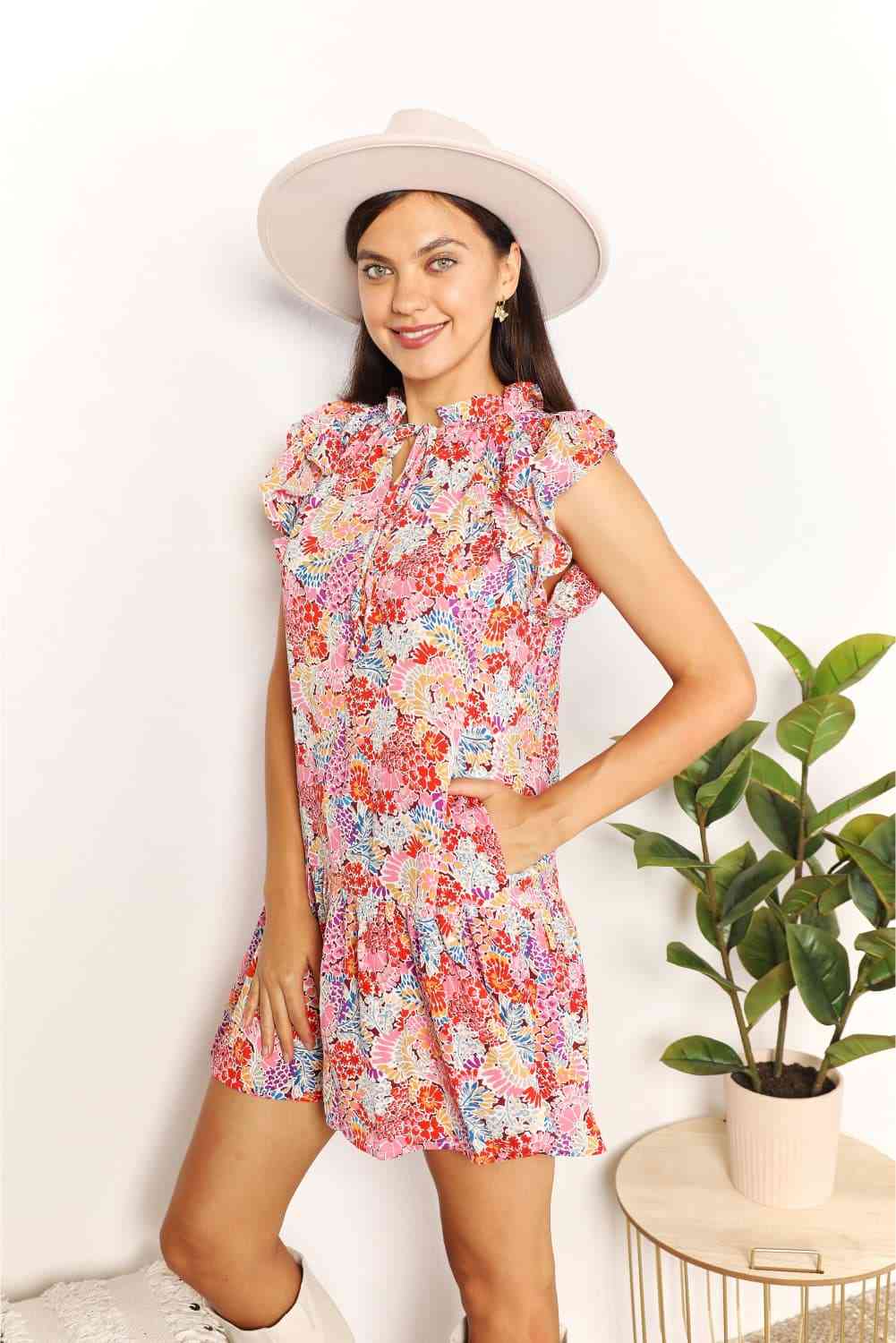 Double Take Floral Tie Neck Cap Sleeve Dress Luvéillé