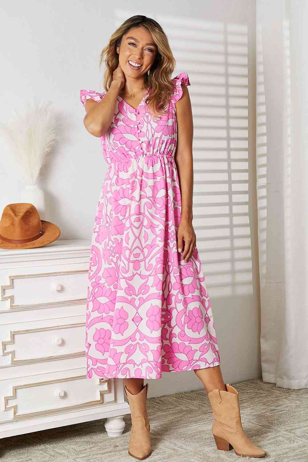 Double Take Floral V-Neck Cap Sleeve Dress Luvéillé