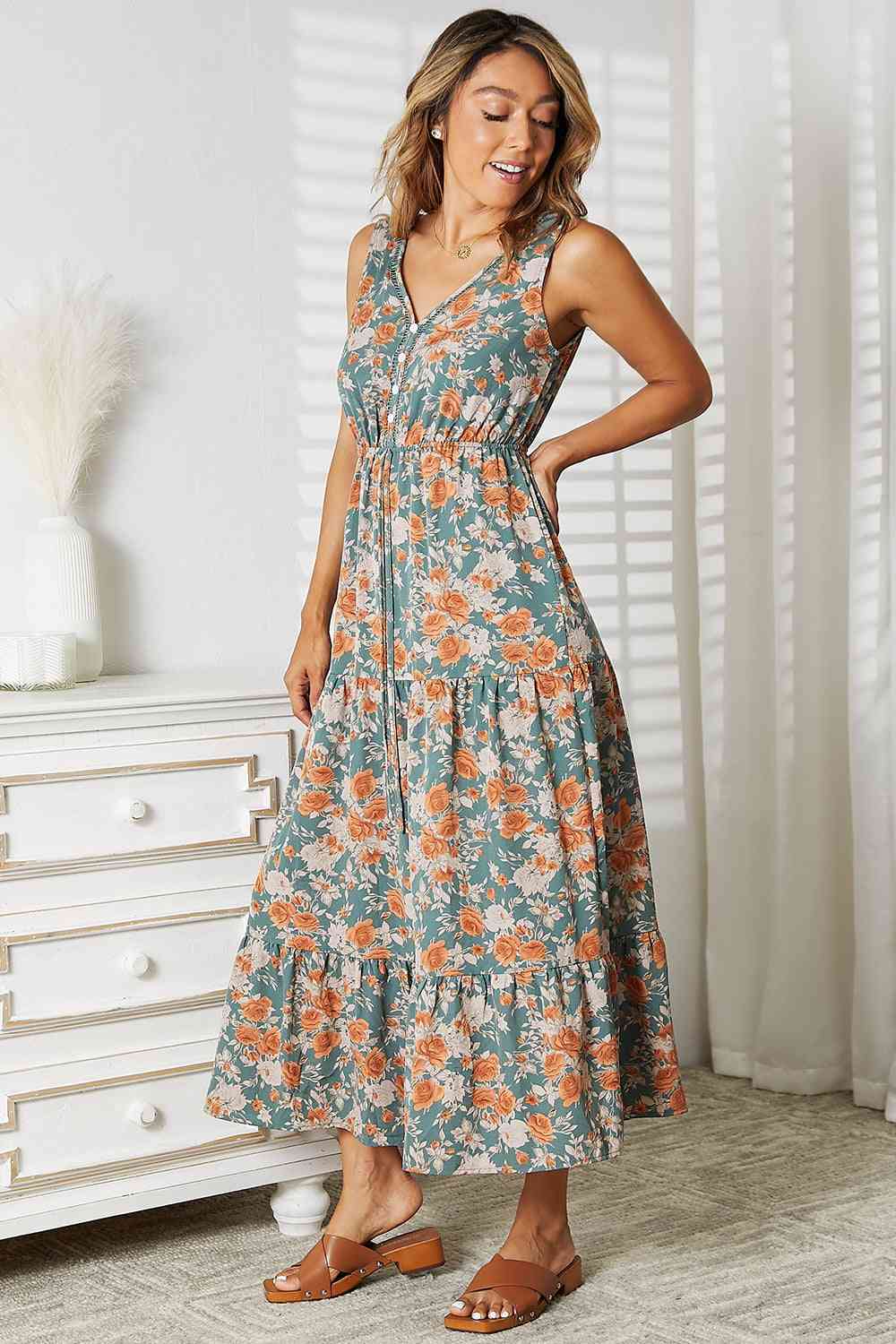 Double Take Floral V-Neck Tiered Sleeveless Dress Luvéillé