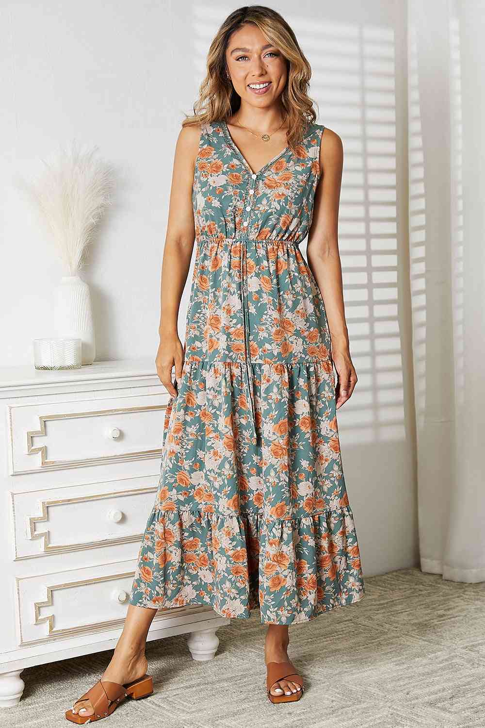Double Take Floral V-Neck Tiered Sleeveless Dress Luvéillé