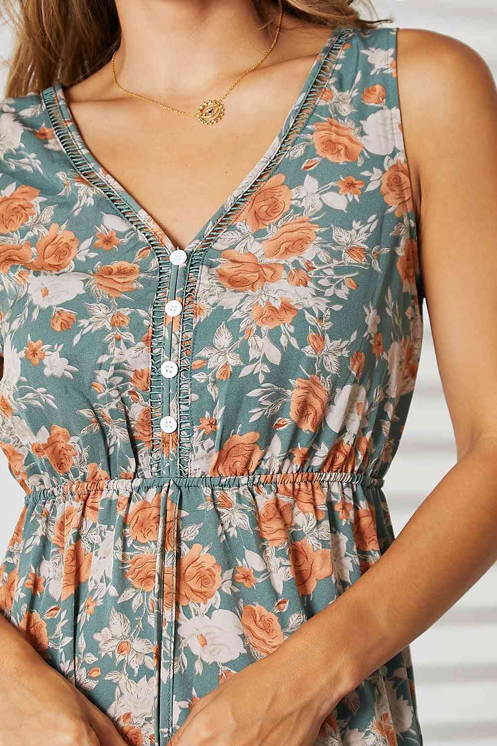 Double Take Floral V-Neck Tiered Sleeveless Dress Luvéillé
