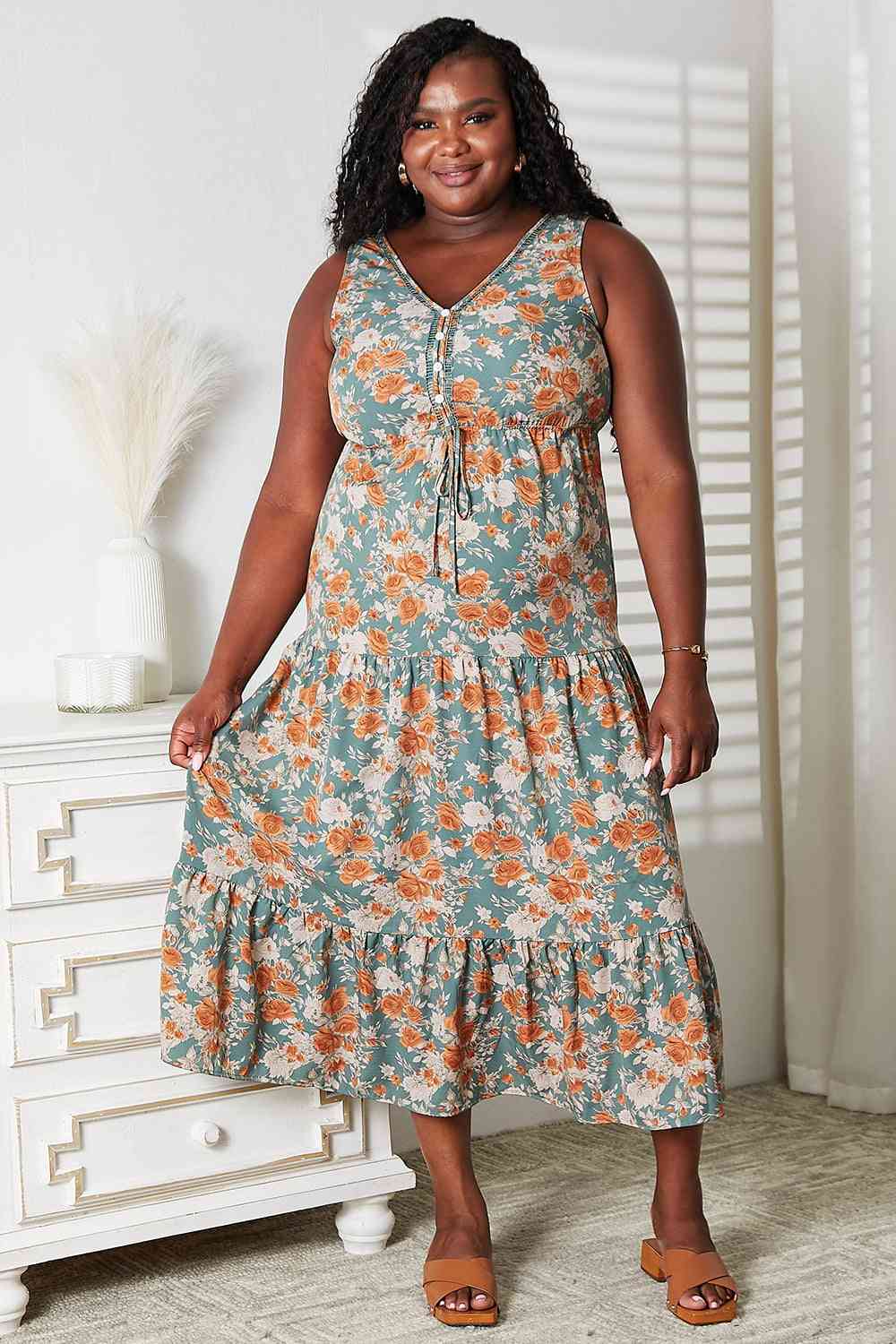 Double Take Floral V-Neck Tiered Sleeveless Dress Luvéillé