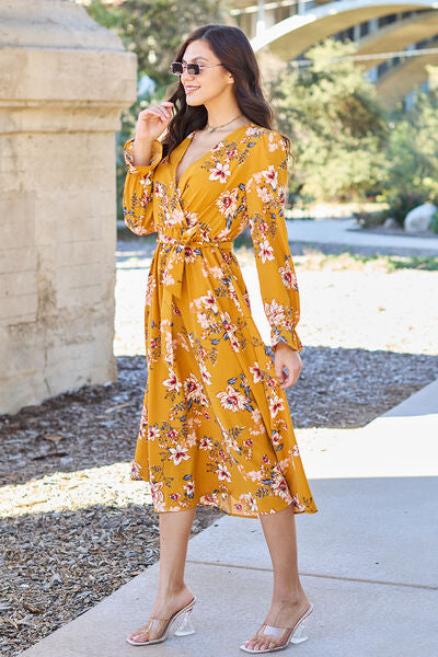 Double Take Full Size Floral Tie Back Flounce Sleeve Dress Luvéillé