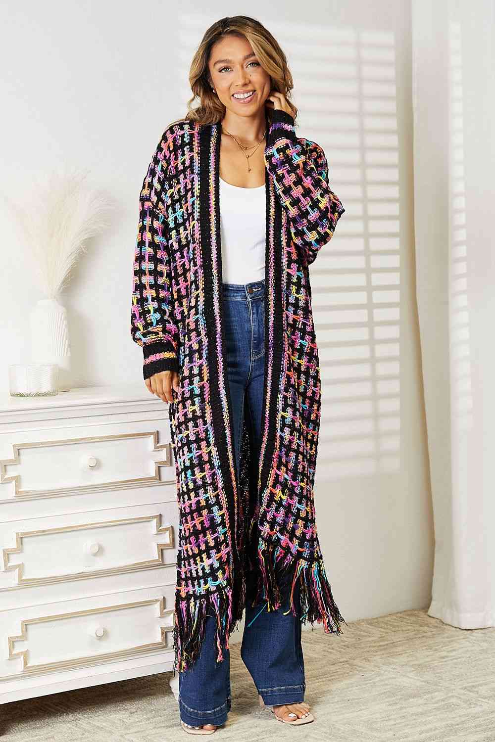 Double Take Full Size Multicolored Open Front Fringe Hem Cardigan Luvéillé