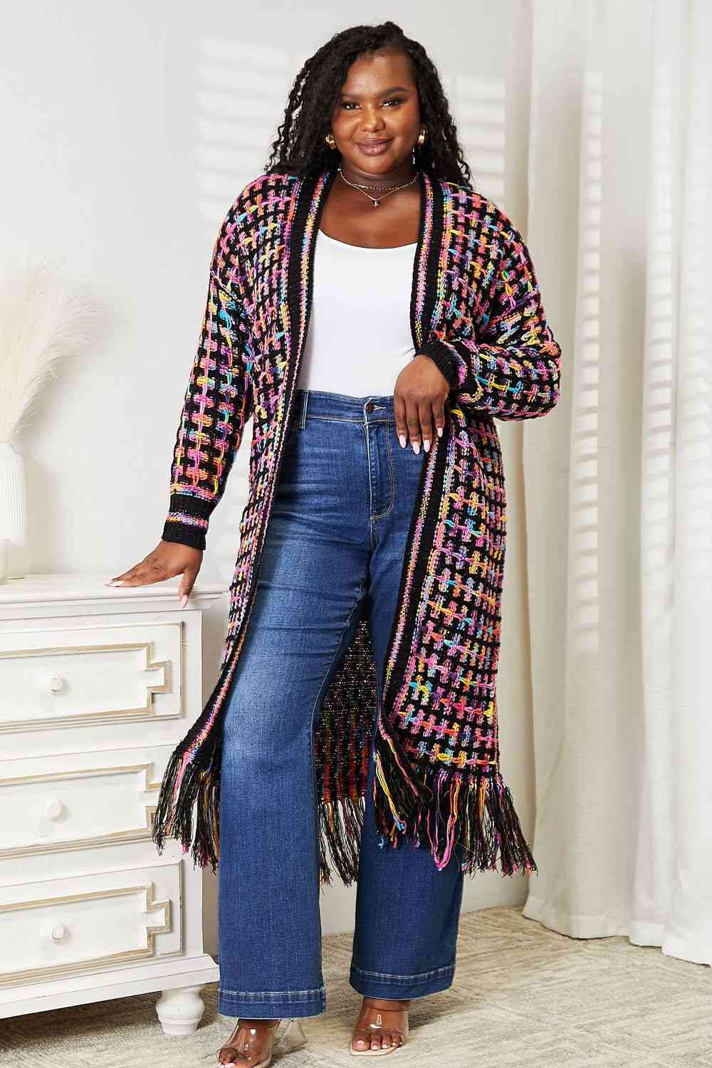 Double Take Full Size Multicolored Open Front Fringe Hem Cardigan Luvéillé