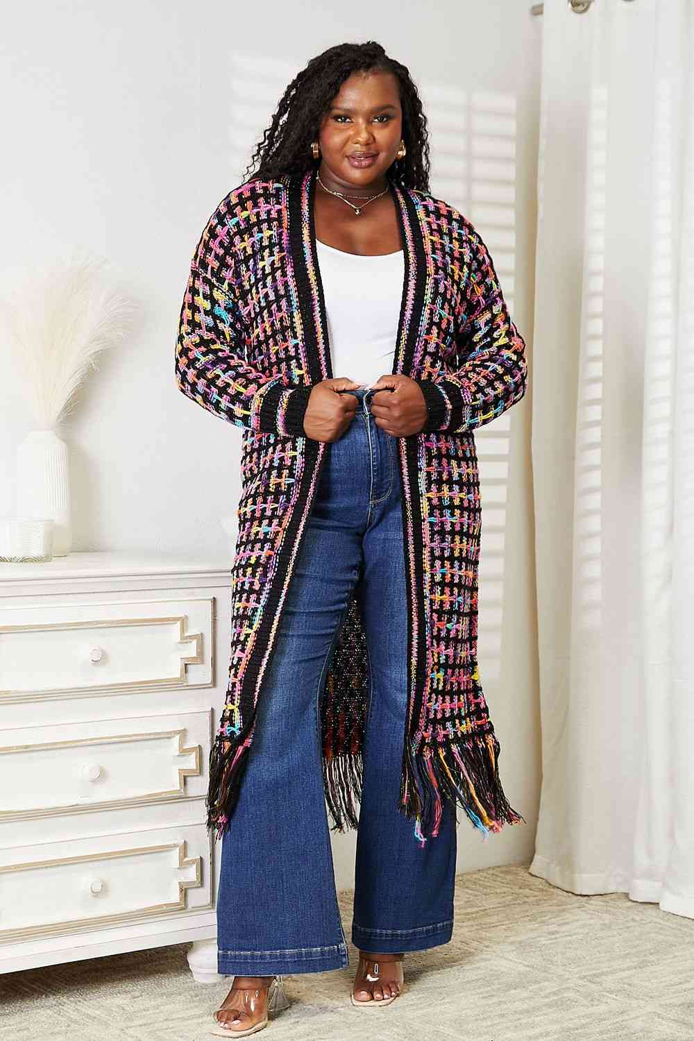 Double Take Full Size Multicolored Open Front Fringe Hem Cardigan Luvéillé