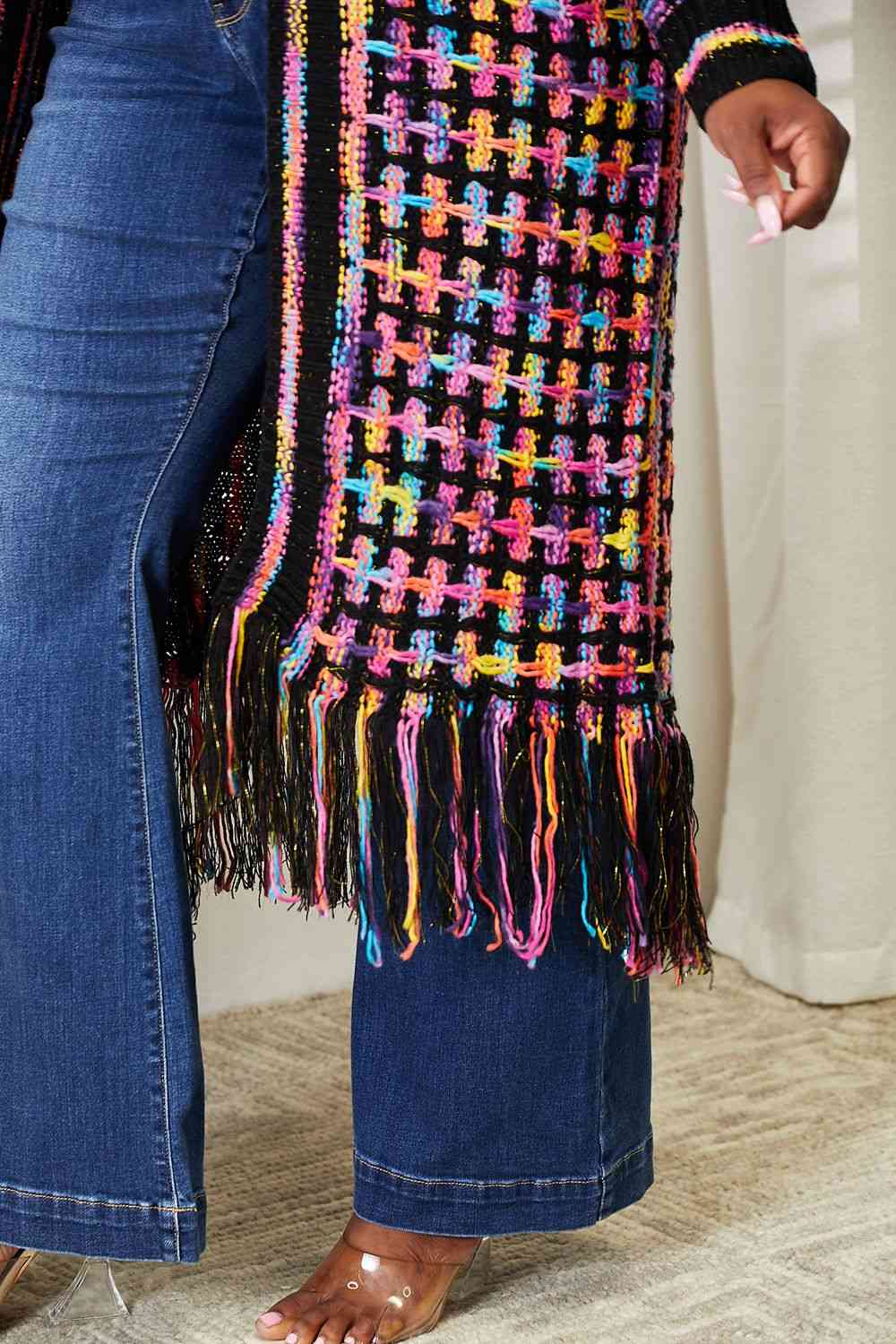 Double Take Full Size Multicolored Open Front Fringe Hem Cardigan Luvéillé