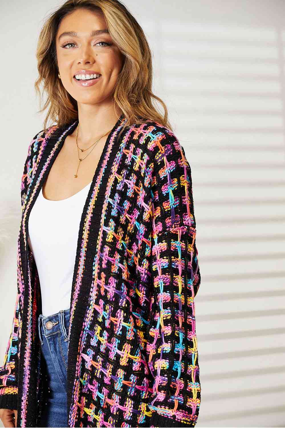 Double Take Full Size Multicolored Open Front Fringe Hem Cardigan Luvéillé