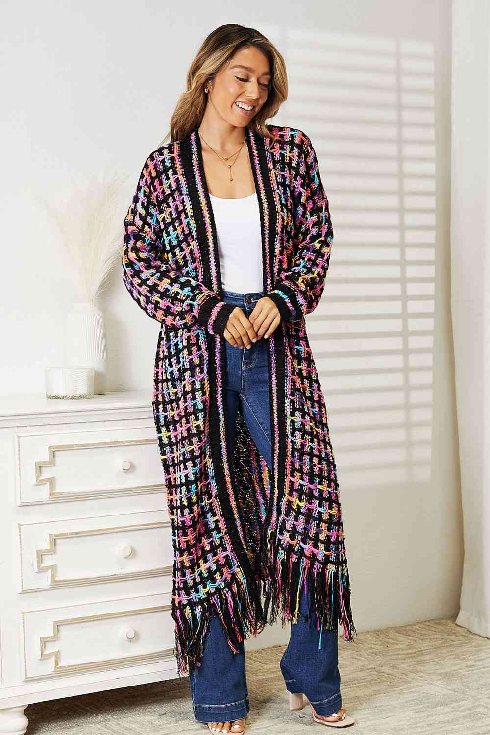 Double Take Full Size Multicolored Open Front Fringe Hem Cardigan Luvéillé