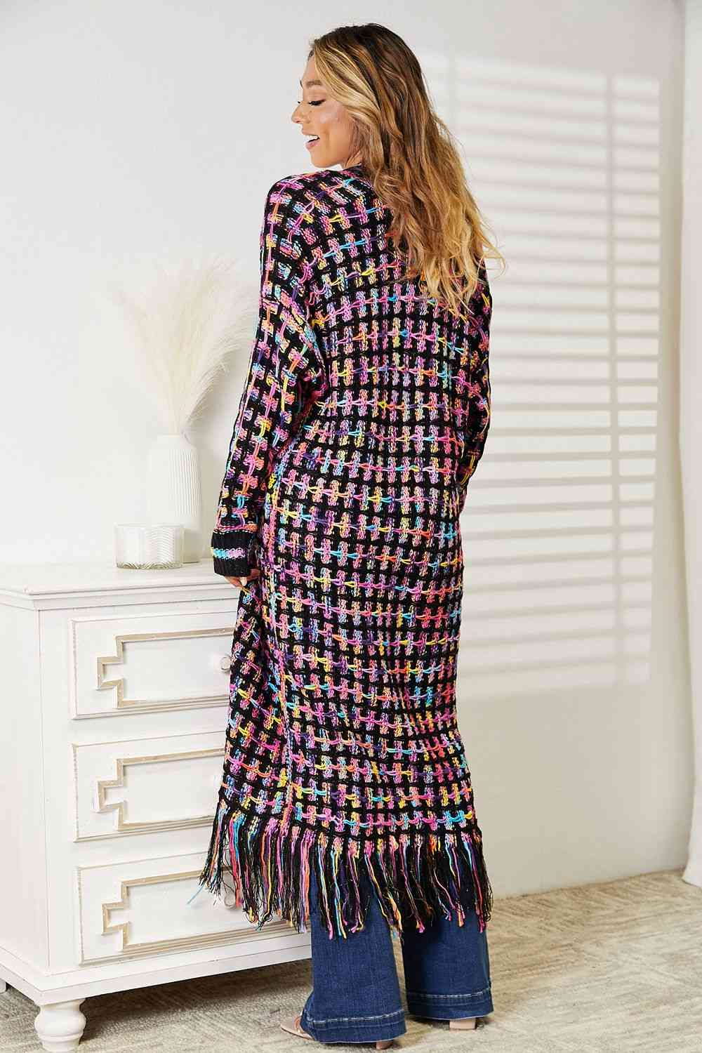 Double Take Full Size Multicolored Open Front Fringe Hem Cardigan Luvéillé