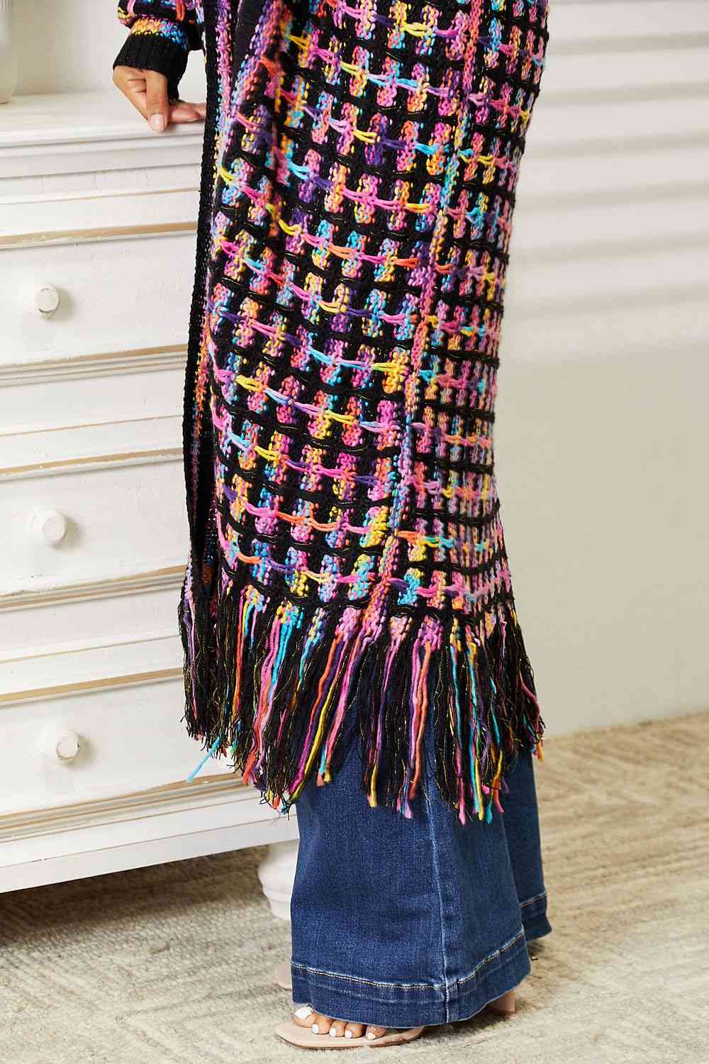 Double Take Full Size Multicolored Open Front Fringe Hem Cardigan Luvéillé