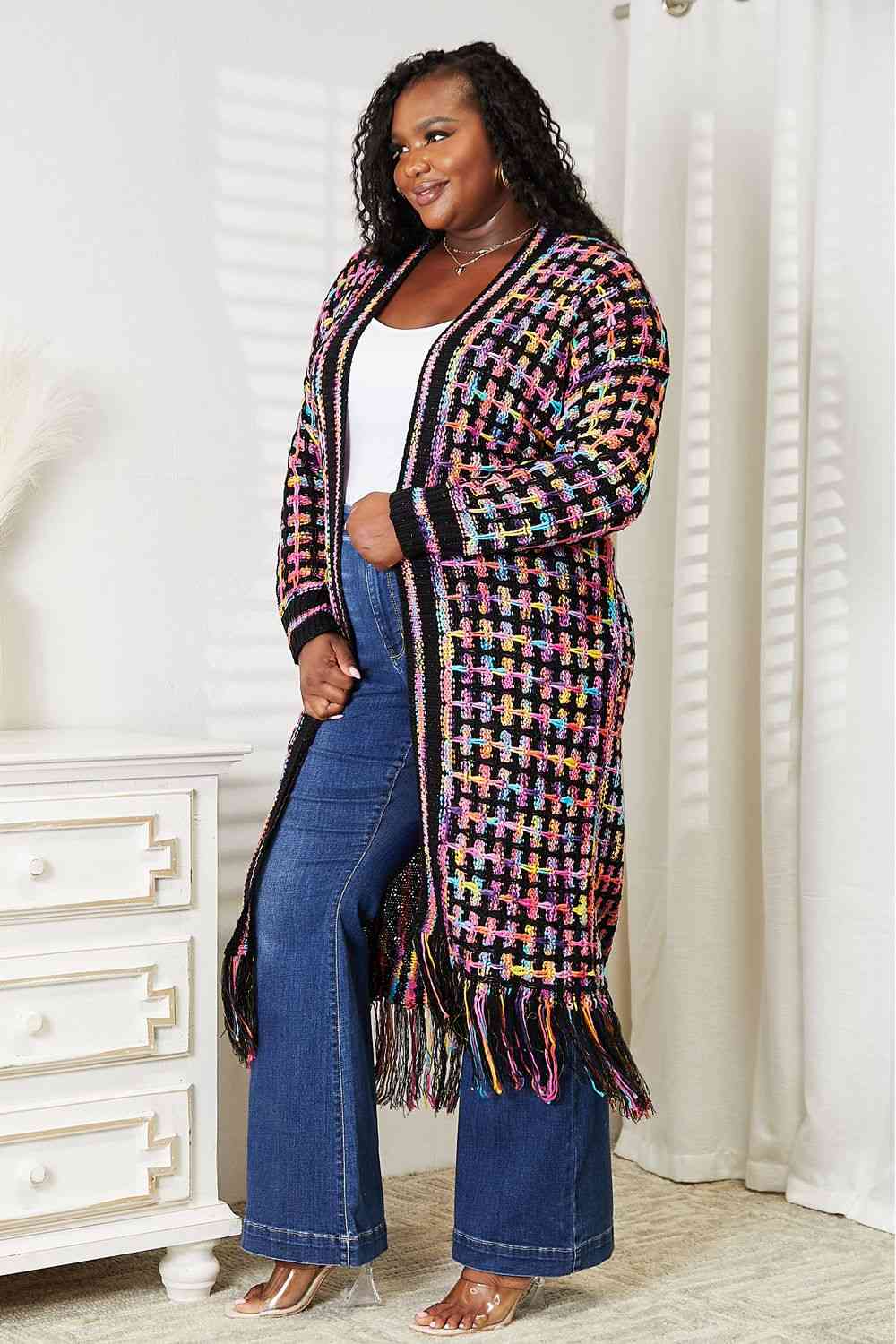 Double Take Full Size Multicolored Open Front Fringe Hem Cardigan Luvéillé