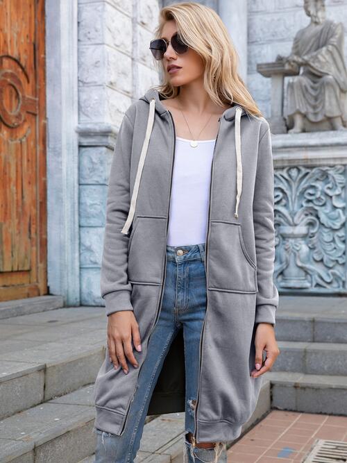 Double Take Full Size Zip-Up Longline Hoodie with Pockets Luvéillé