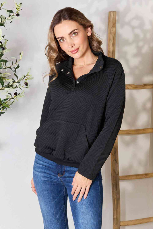 Double Take Half Buttoned Collared Neck Sweatshirt with Pocket Luvéillé