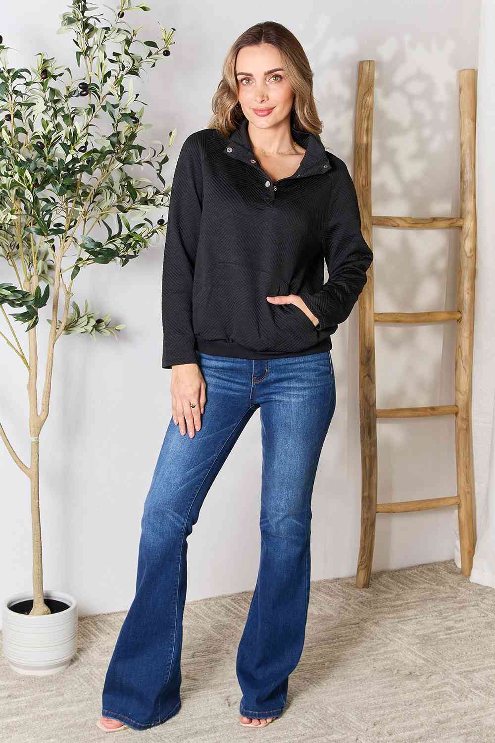 Double Take Half Buttoned Collared Neck Sweatshirt with Pocket Luvéillé