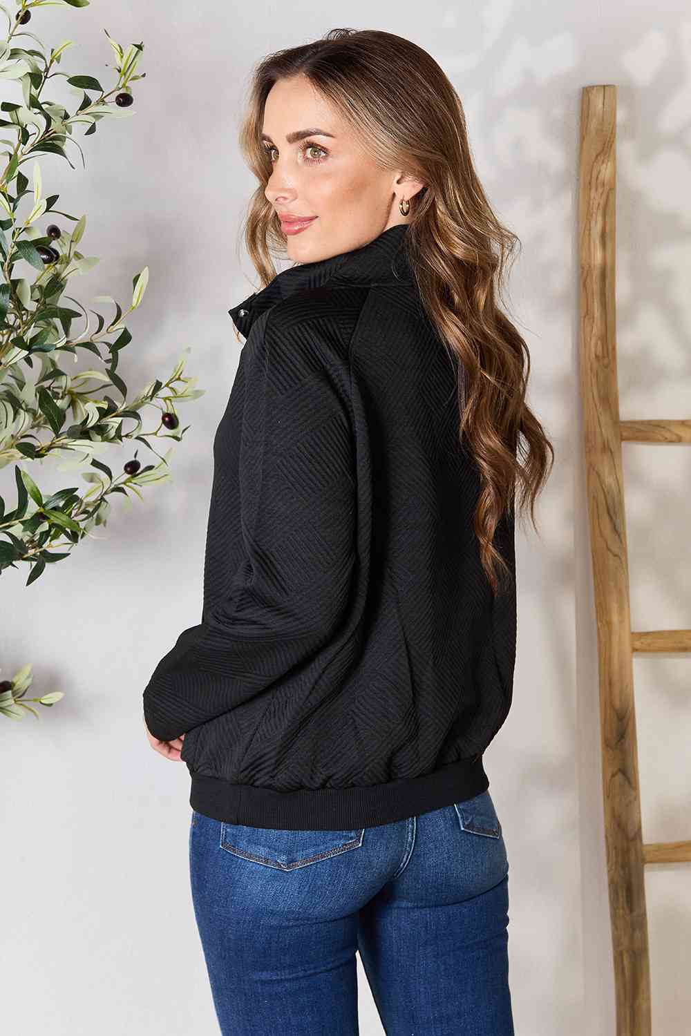 Double Take Half Buttoned Collared Neck Sweatshirt with Pocket Luvéillé