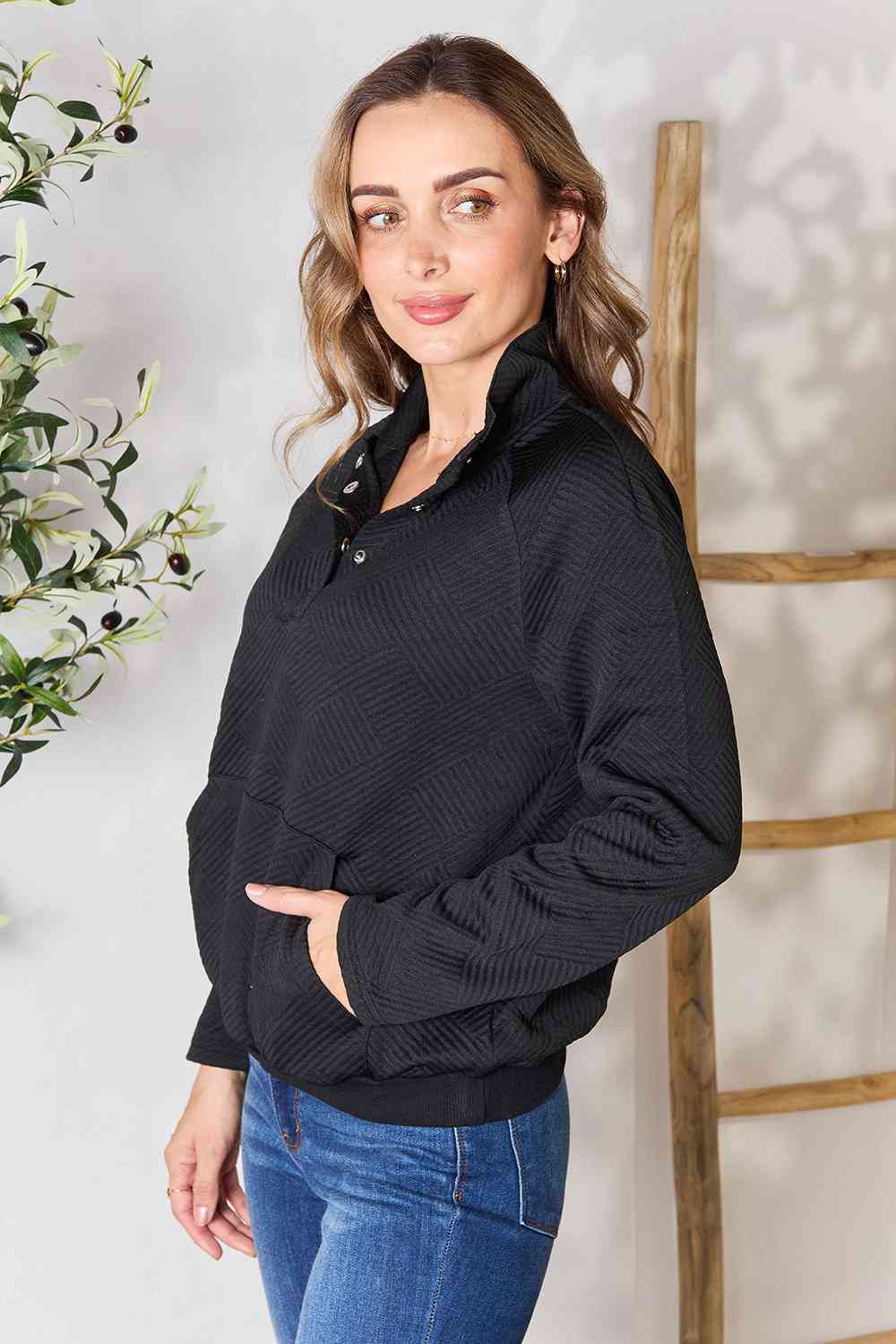 Double Take Half Buttoned Collared Neck Sweatshirt with Pocket Luvéillé