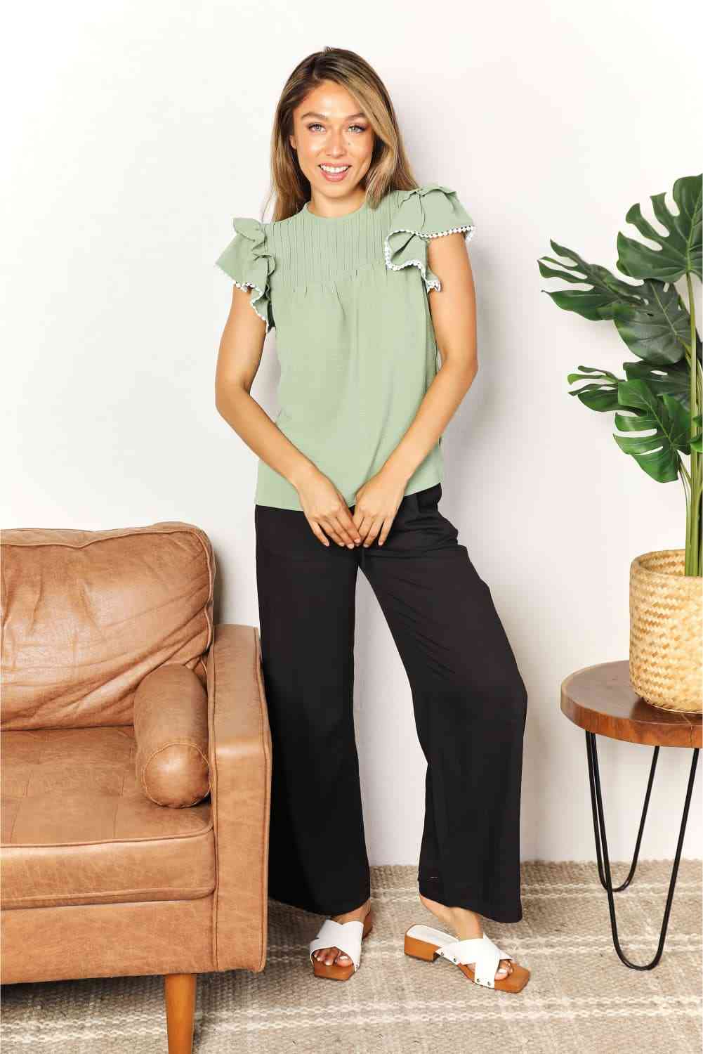 Double Take Pleated Detail Flutter Sleeve Blouse Luvéillé
