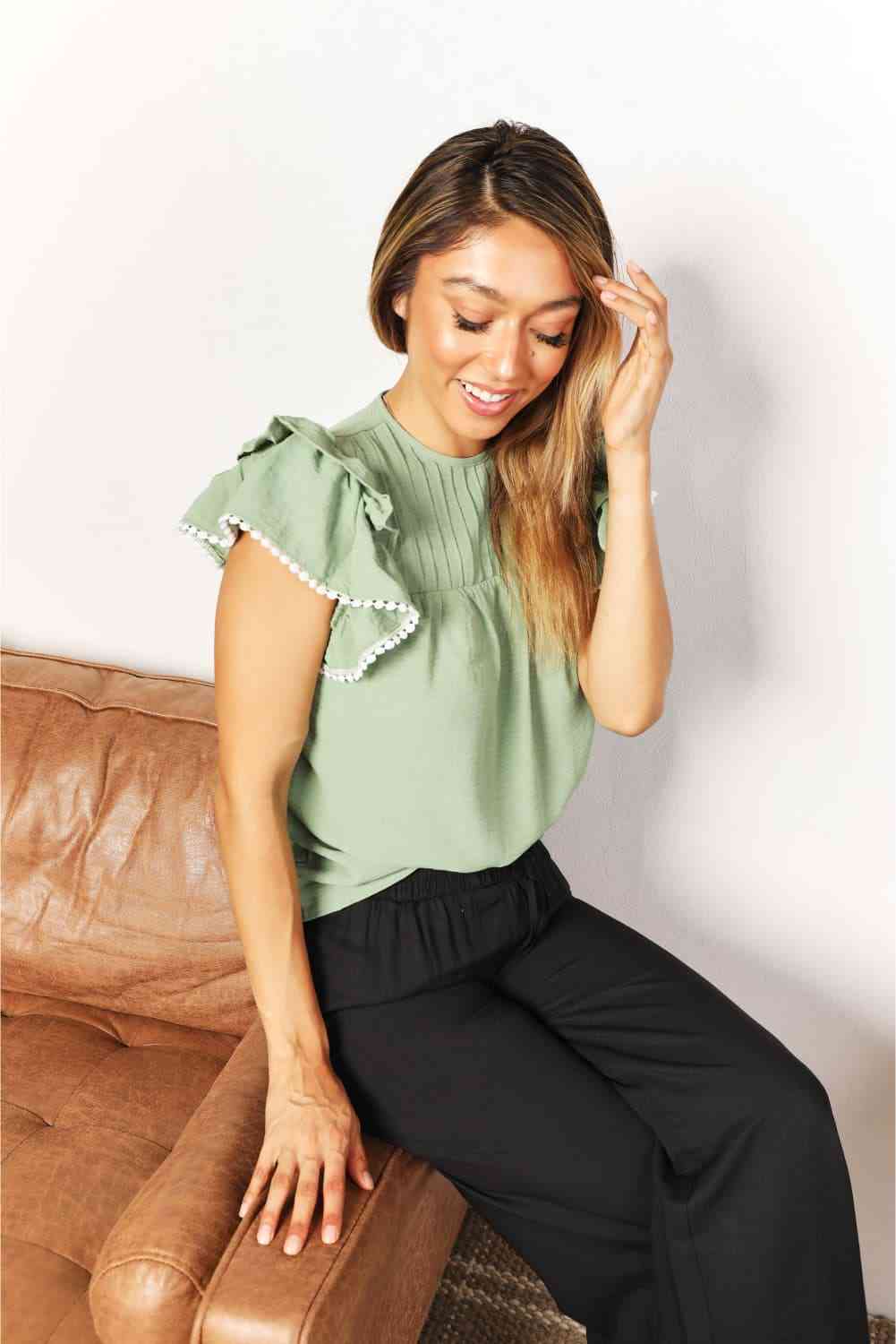 Double Take Pleated Detail Flutter Sleeve Blouse Luvéillé
