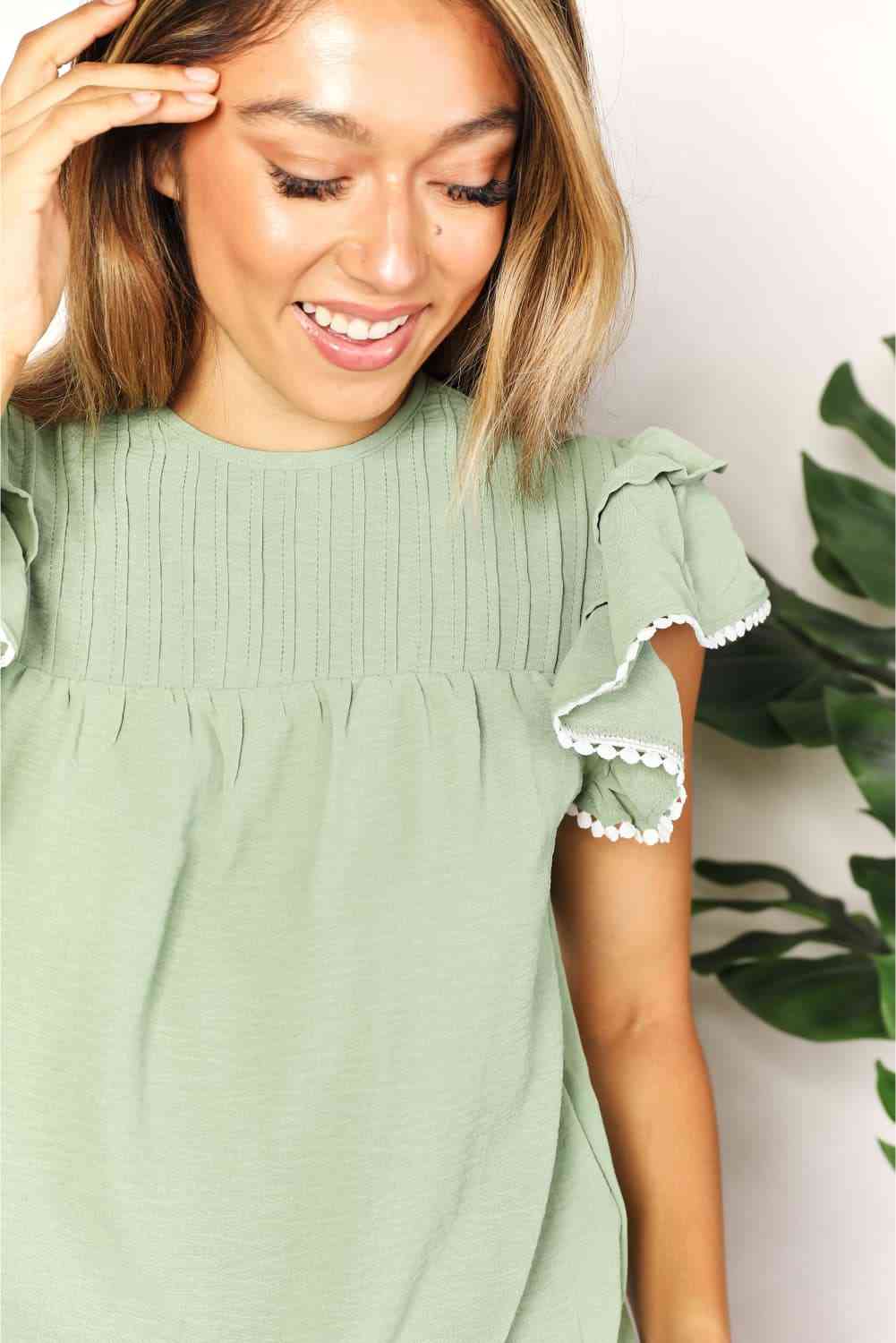 Double Take Pleated Detail Flutter Sleeve Blouse Luvéillé