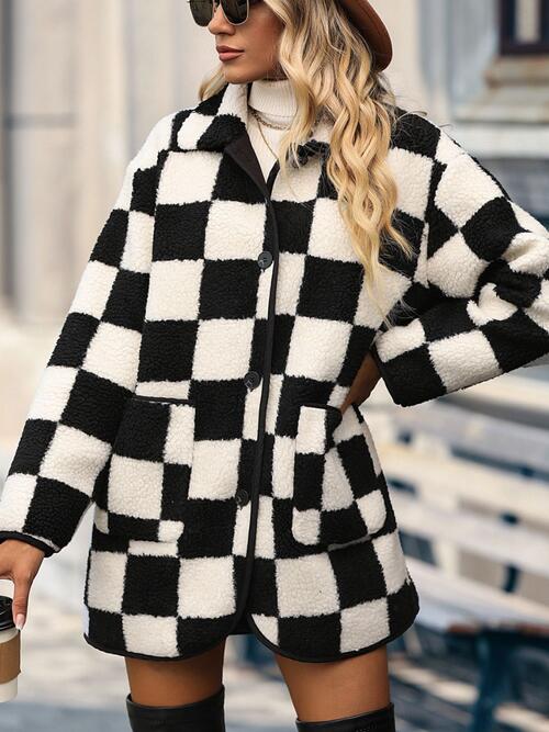 Double Take Plus Size Checkered Button Front Coat with Pockets Luvéillé