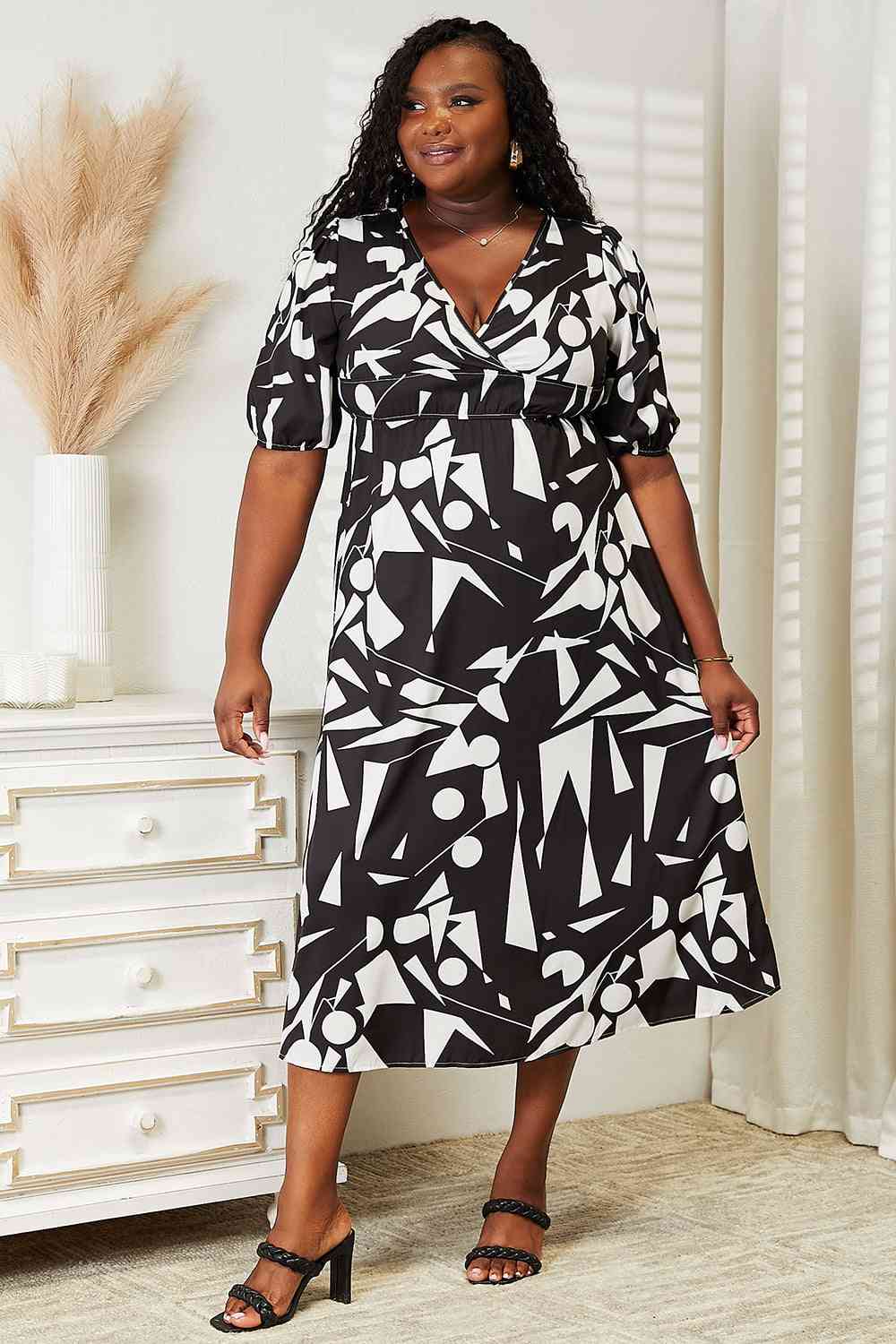 Double Take Printed Surplice Balloon Sleeve Dress Luvéillé
