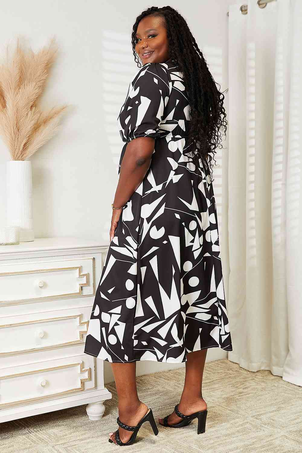 Double Take Printed Surplice Balloon Sleeve Dress Luvéillé