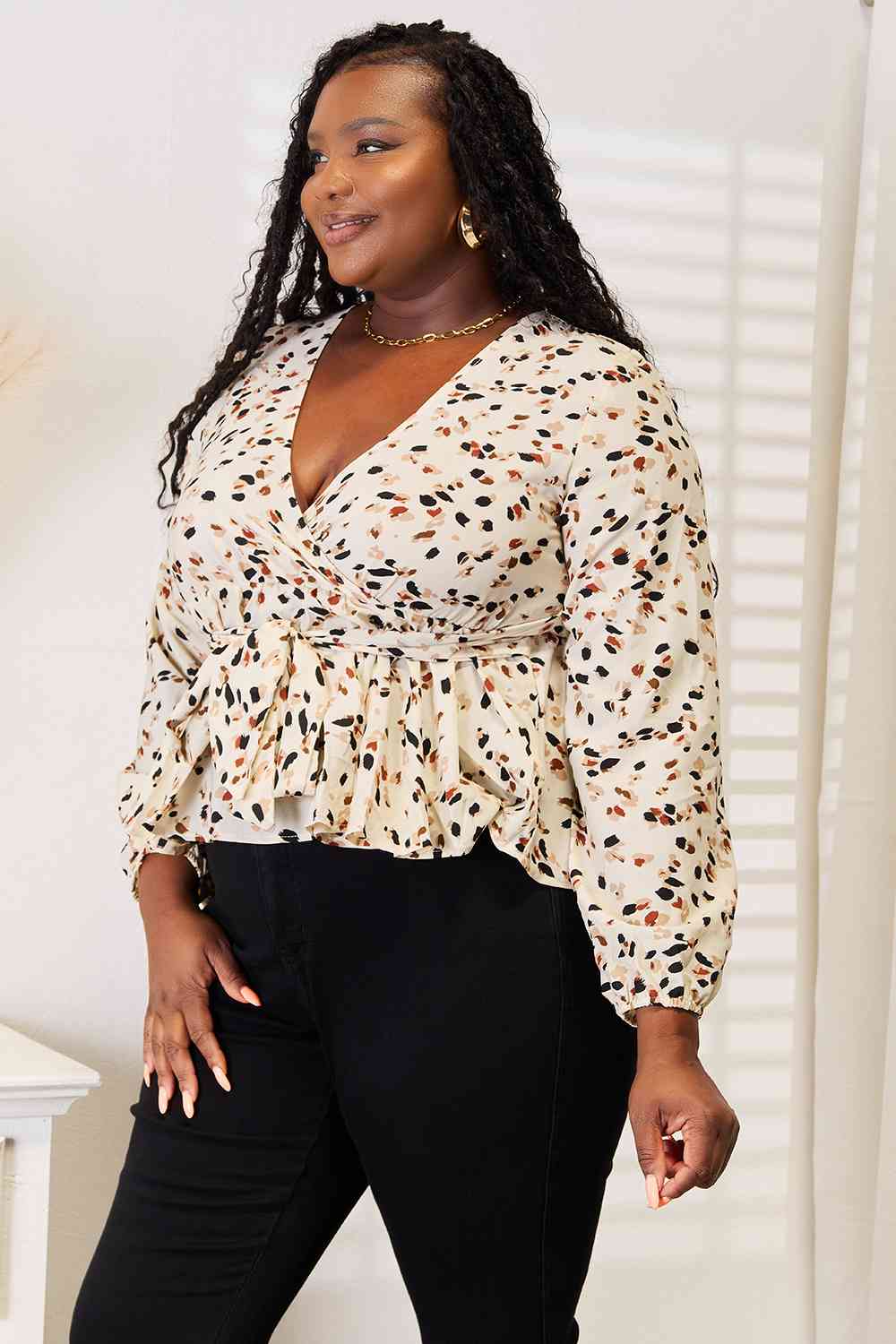 Double Take Printed Tied Plunge Peplum Blouse Luvéillé