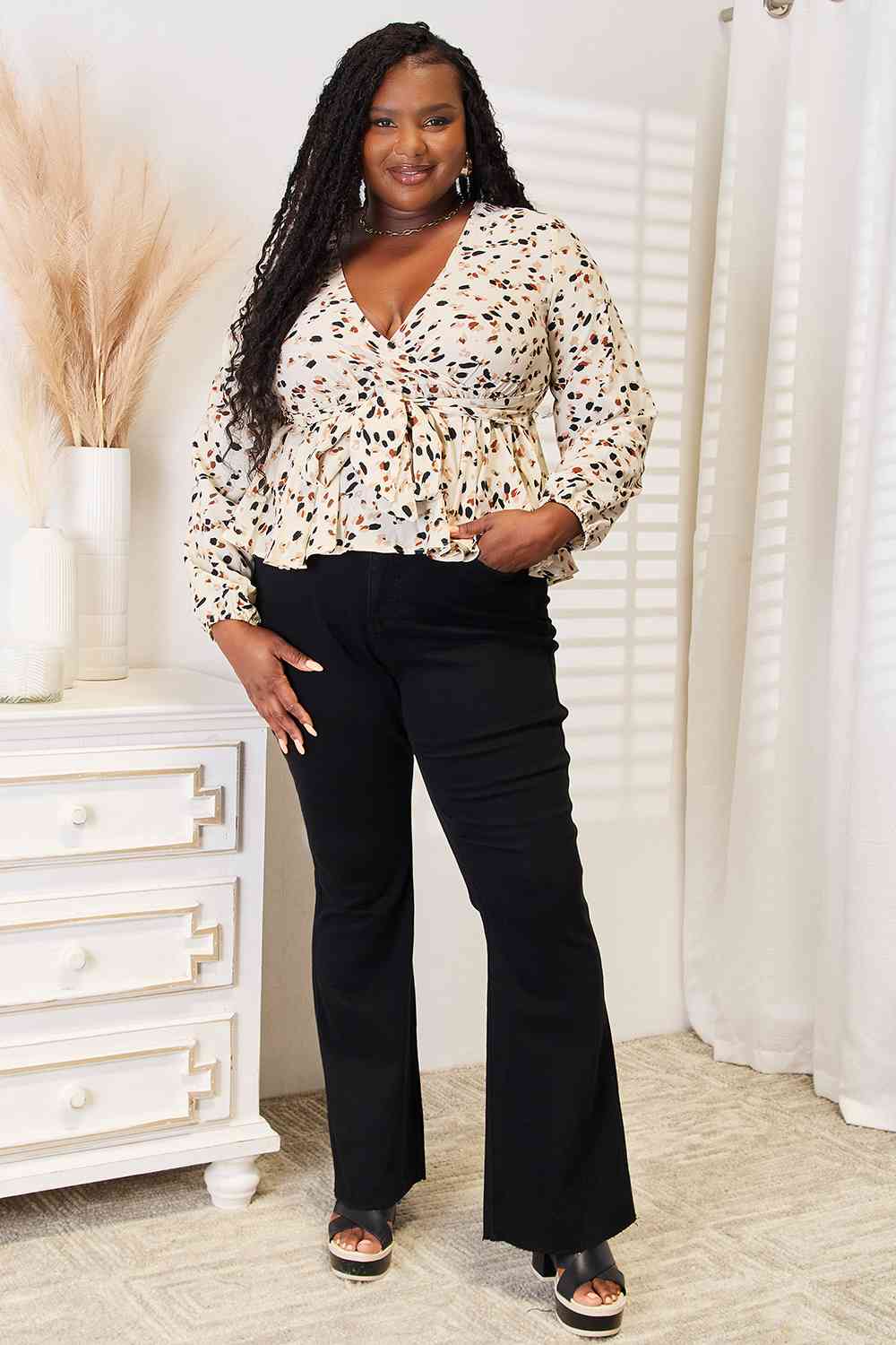 Double Take Printed Tied Plunge Peplum Blouse Luvéillé