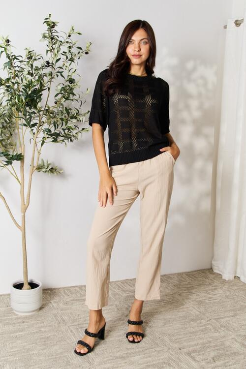 Double Take Ribbed Trim Round Neck Knit Top Luvéillé