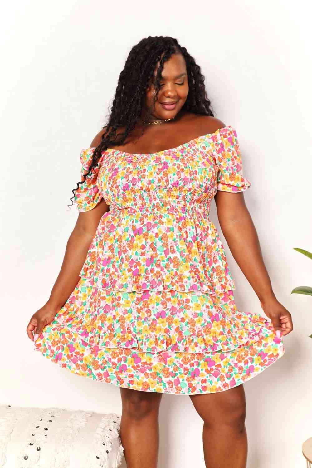 Double Take Smocked Sweetheart Neck Flounce Sleeve Mini Dress Luvéillé
