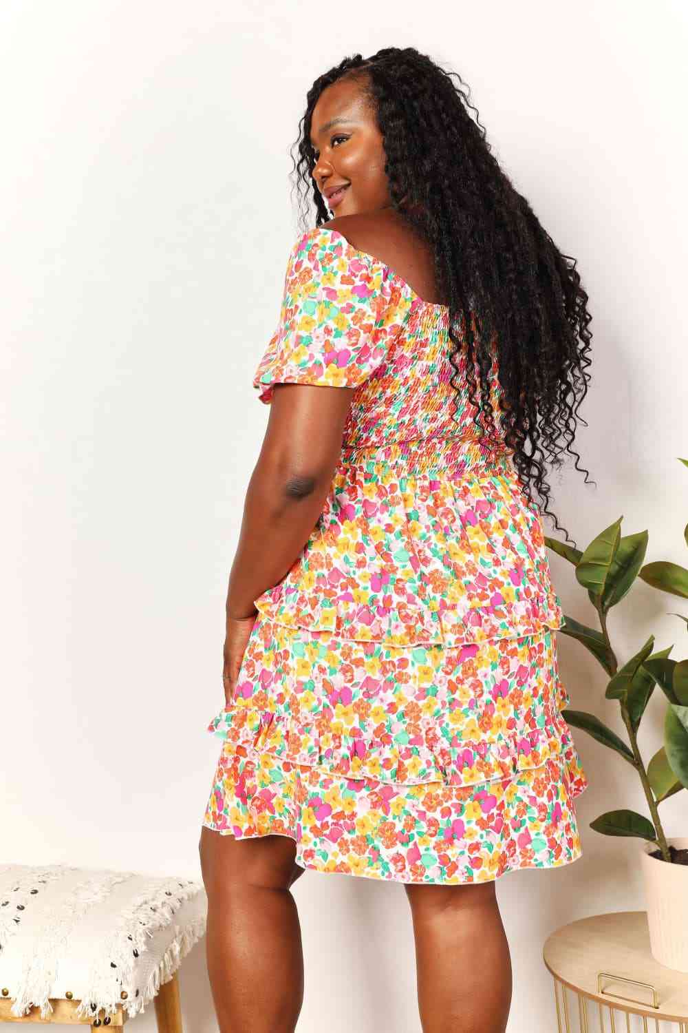 Double Take Smocked Sweetheart Neck Flounce Sleeve Mini Dress Luvéillé