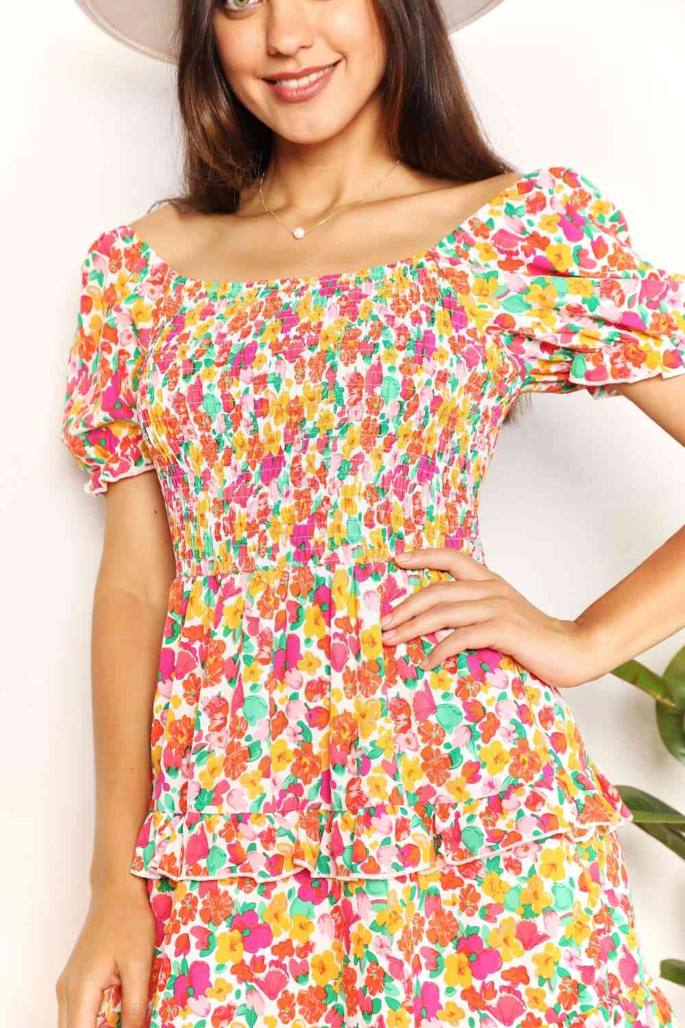 Double Take Smocked Sweetheart Neck Flounce Sleeve Mini Dress Luvéillé